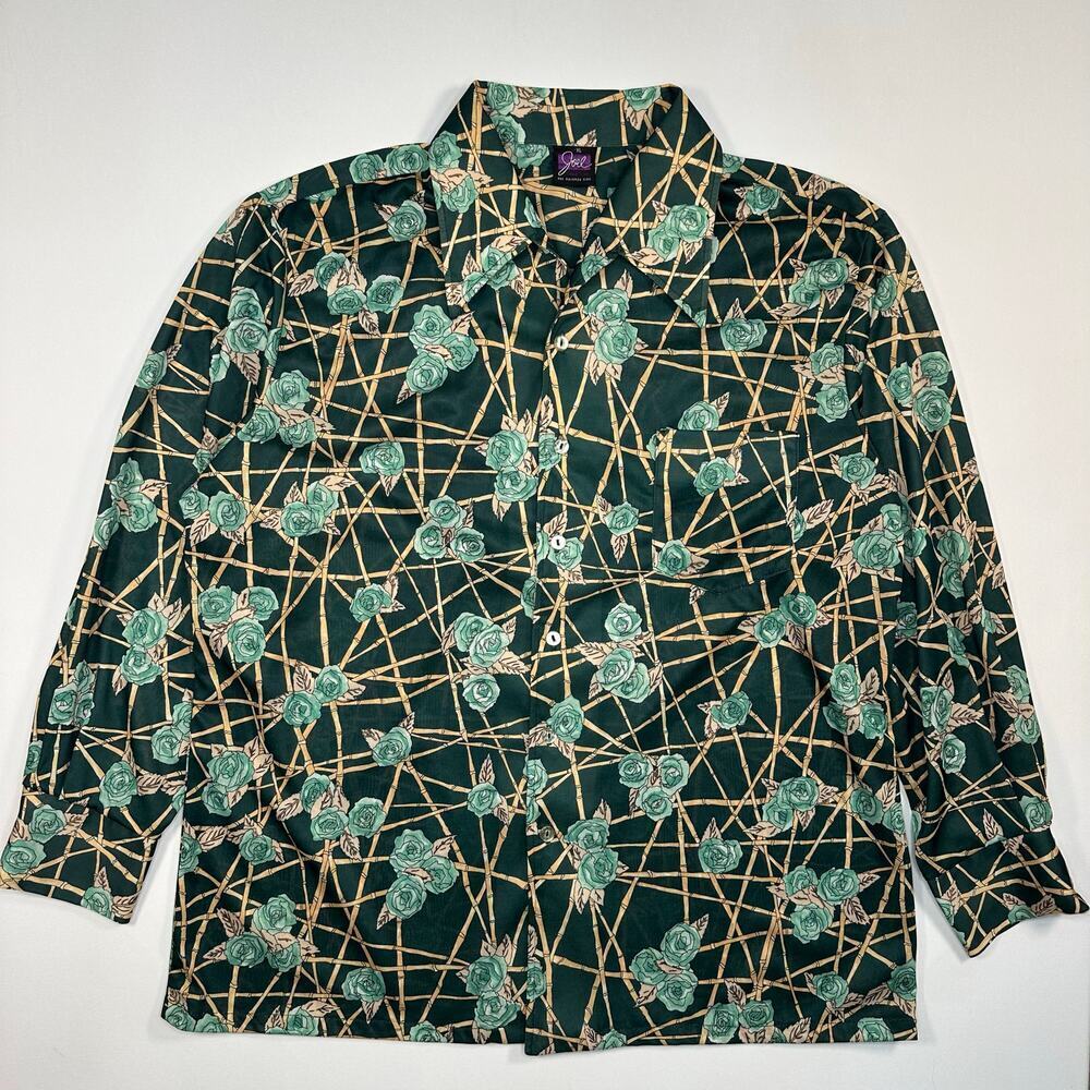 Vintage 1970’s Joel California Retro Bamboo Rose Print Polyester Shirt Size XL